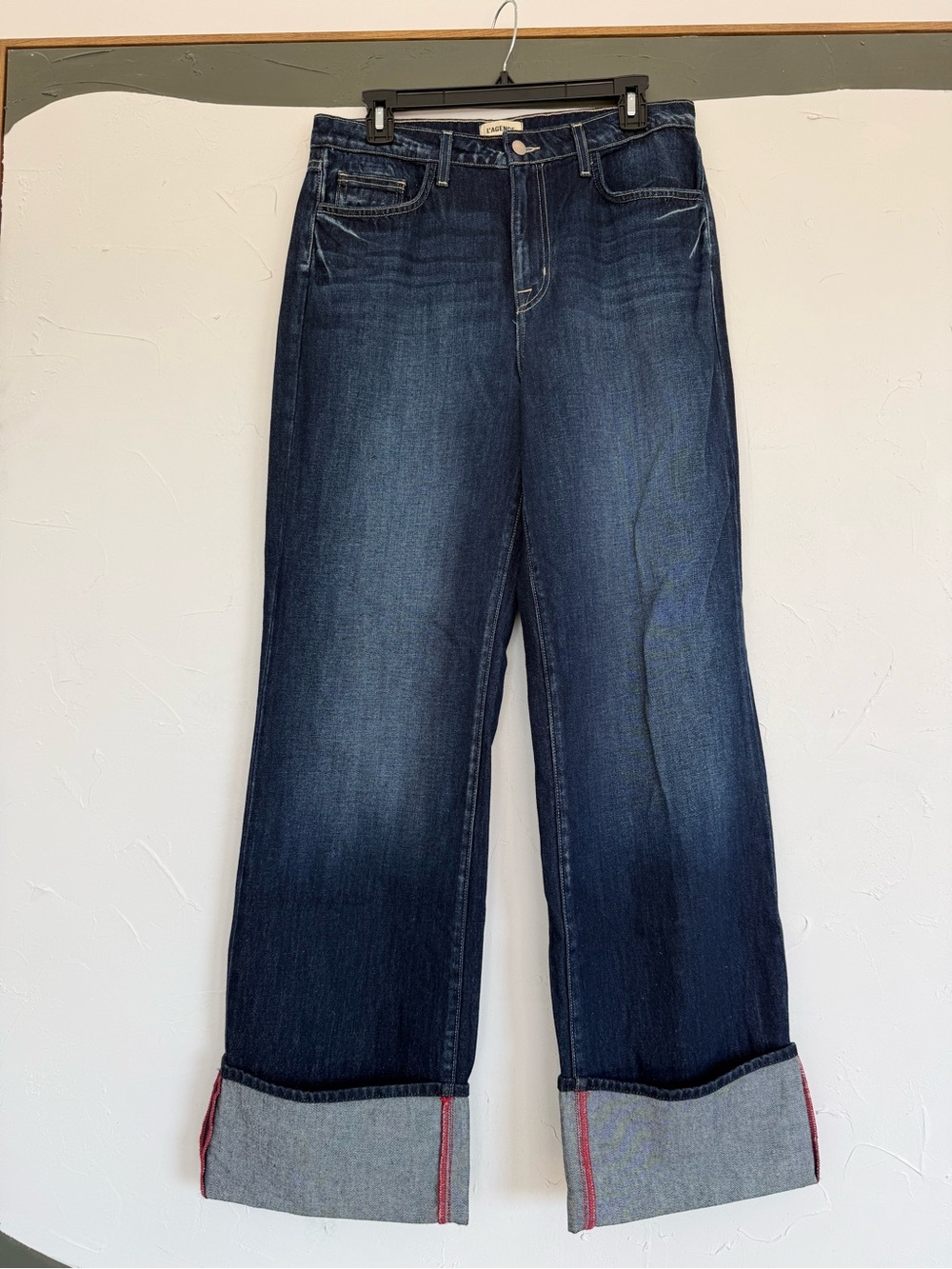 L'AGENCE Dark Blue Wide-Leg Cuffed Jeans with Red Selvedge